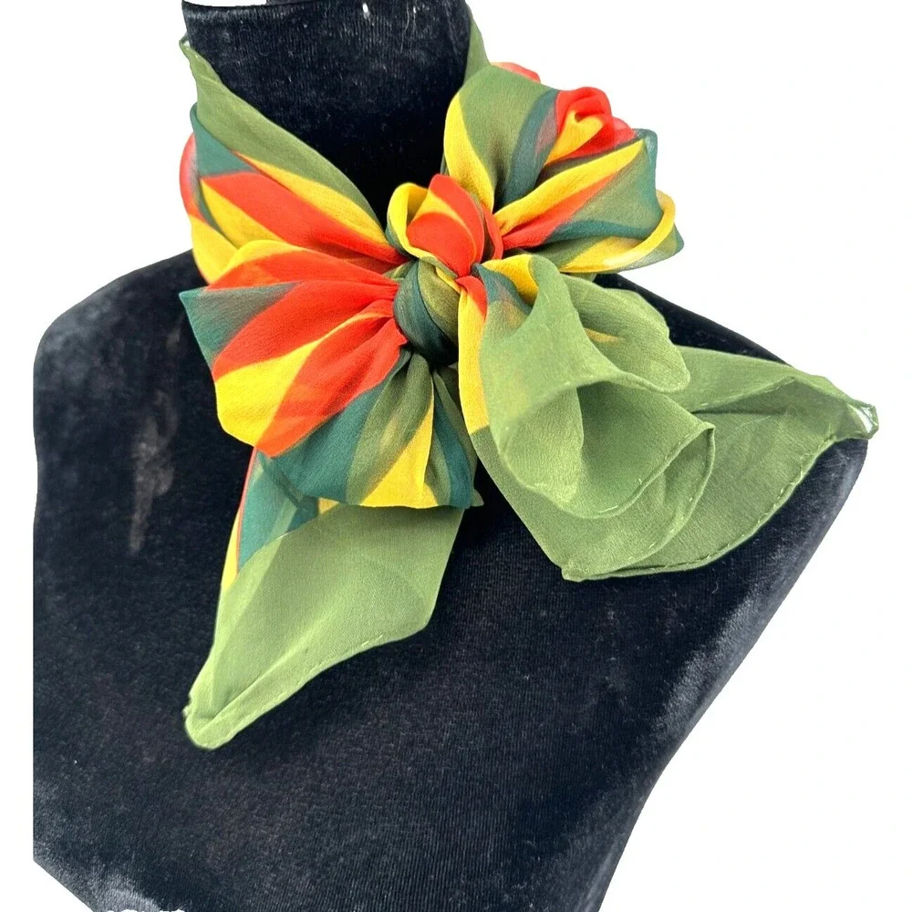 Sally Gee Rectangular Olive Green‎ Retro Geometric Rolled Hem Scarf Japan